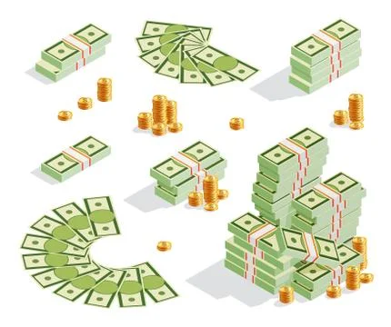 Set of stack of banknotes, golden coins, money fan, cash Stock Illustration