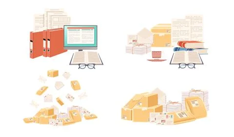 Set of stack cardboard and paper postal correspondence vector illustration on Stock Illustration