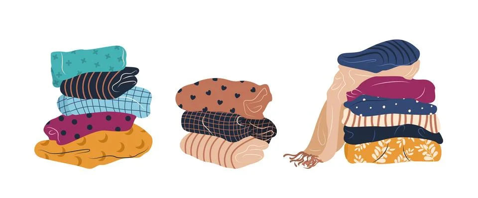 Set with stack of clean and ironed items of clothing. Illustrazione stock