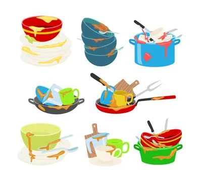 Set of stack of dirty dishes cartoon collection, kitchen household cutlery .. Stock Illustration