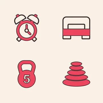 Set Stack hot stones, Alarm clock, Big bed and Weight icon. Vector Illustrazione stock