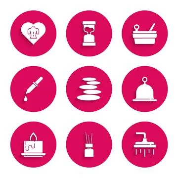Set Stack hot stones, Aroma diffuser, Shower head, Sauna hat, candle, Pipet.. イラスト素材