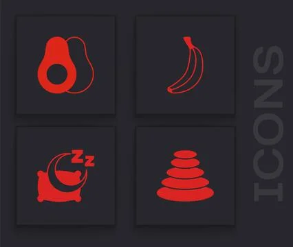 Set Stack hot stones, Avocado fruit, Banana and Time sleep icon. Vector Stock Illustration