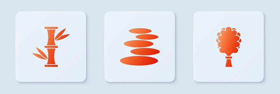Set Stack hot stones, Bamboo and Sauna broom. White square button. Vector Stock Illustration