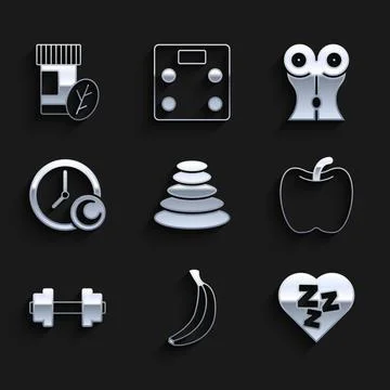 Set Stack hot stones, Banana, Sleepy, Apple, Dumbbell, Time sleep, Women waist Stock Illustration