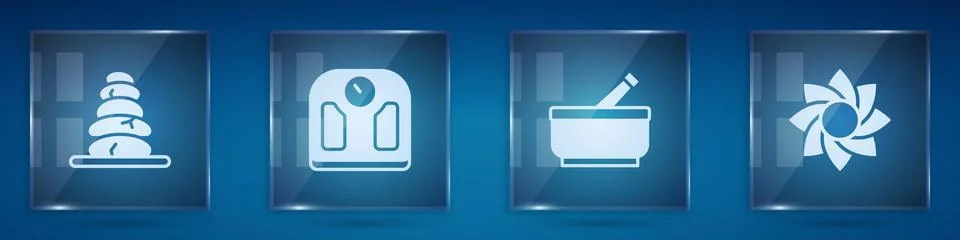 Set Stack hot stones, Bathroom scales, Mortar and pestle and Flower. Square.. Stock Illustration