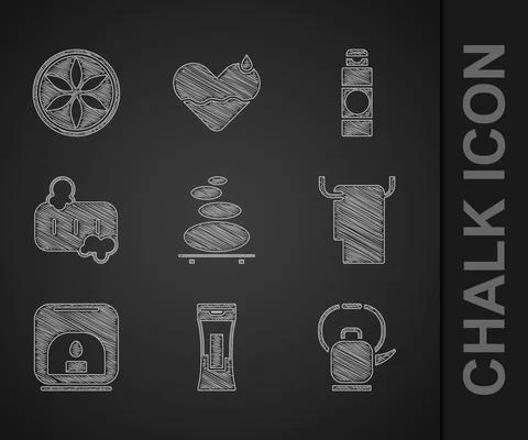 Set Stack hot stones, Bottle of shampoo, Kettle with handle, Towel hanger, Aroma Stockillustratie