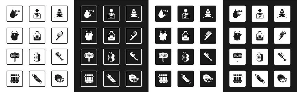 Set Stack hot stones, Bottle of vodka, Wooden log, Water temperature, Hairbrush Stock Illustration