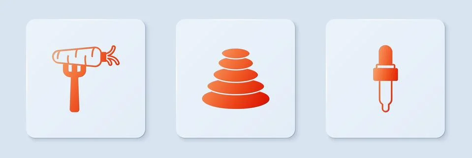 Set Stack hot stones, Carrot fork and Pipette with oil. White square button Illustrazione stock