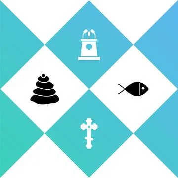 Set Stack hot stones, Christian cross, Stage stand or tribune and fish icon Illustrazione stock