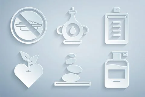 Set Stack hot stones, Clipboard with checklist, Heart, Bottle of liquid soap, 스톡 일러스트