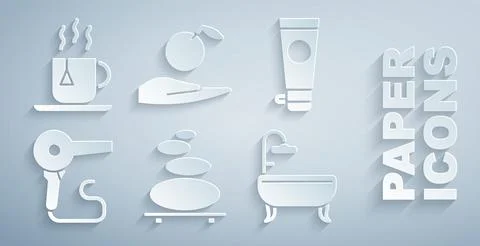 Set Stack hot stones, Cream or lotion cosmetic tube, Hair dryer, Bathtub, Apple Stockillustratie