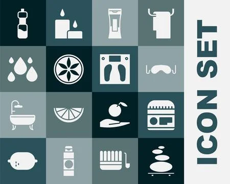 Set Stack hot stones, Cream or lotion cosmetic tube, Eye sleep mask, Bottle of Stock Illustration