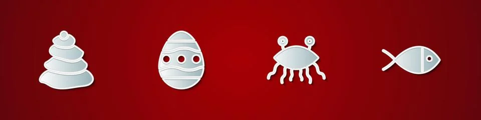 Set Stack hot stones, Easter egg, Pastafarianism and Christian fish icon. Vector イラスト素材