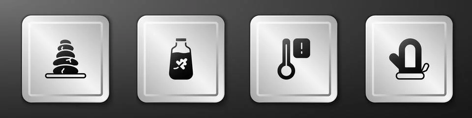 Set Stack hot stones, Essential oil bottle, Sauna thermometer and mitten ic.. Illustrazione stock