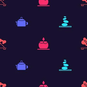 Set Stack hot stones, Kettle with handle, Aroma candle and Scented spa stick on Illustrazione stock