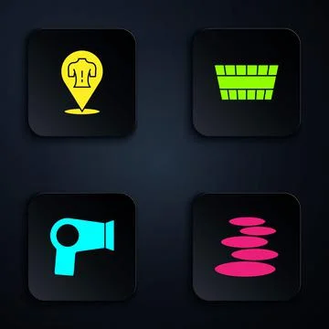 Set Stack hot stones, Massage, Hair dryer and Sauna bucket. Black square button Stock Illustration