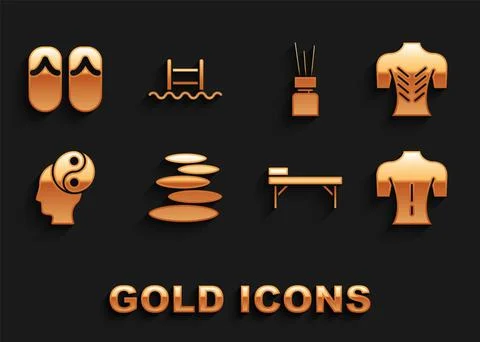 Set Stack hot stones, Massage, table, Yin Yang, Aroma diffuser, Flip flops and Illustrazione stock