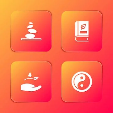 Set Stack hot stones, Medical book, Leaf in hand and Yin Yang icon. Vector Stock Illustration