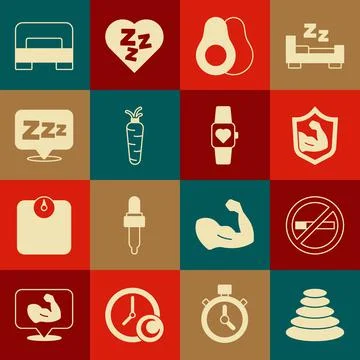 Set Stack hot stones, No Smoking, Bodybuilder muscle, Avocado fruit, Carrot Stock Illustration
