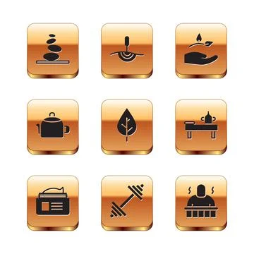 Set Stack hot stones, Ointment cream tube, Dumbbell, Leaf, Kettle with handle Illustrazione stock