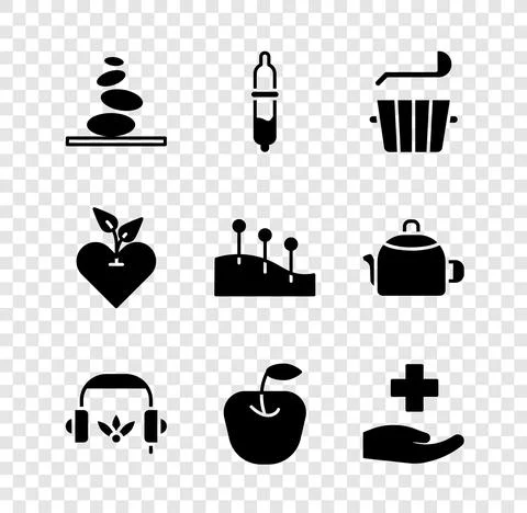 Set Stack hot stones, Pipette, Sauna bucket and ladle, Headphones for meditation Stockillustratie