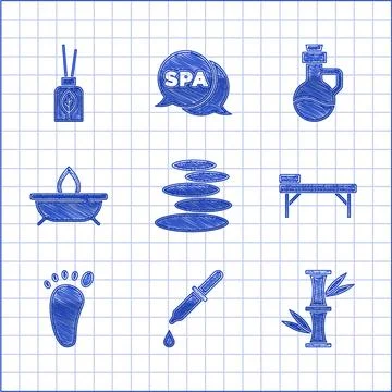 Set Stack hot stones, Pipette, Bamboo, Massage table, Foot massage, Aroma c.. 库存插图
