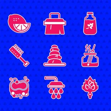 Set Stack hot stones, Shower, Sauna broom, Aroma diffuser, Bar of soap, brush Stock Illustration