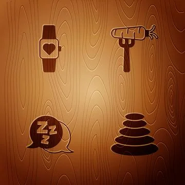 Set Stack hot stones, Smart watch, Sleepy and Carrot fork on wooden background 스톡 일러스트