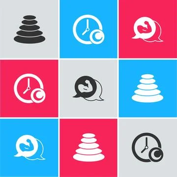 Set Stack hot stones, Time sleep and Bodybuilder muscle icon. Vector Stockillustratie