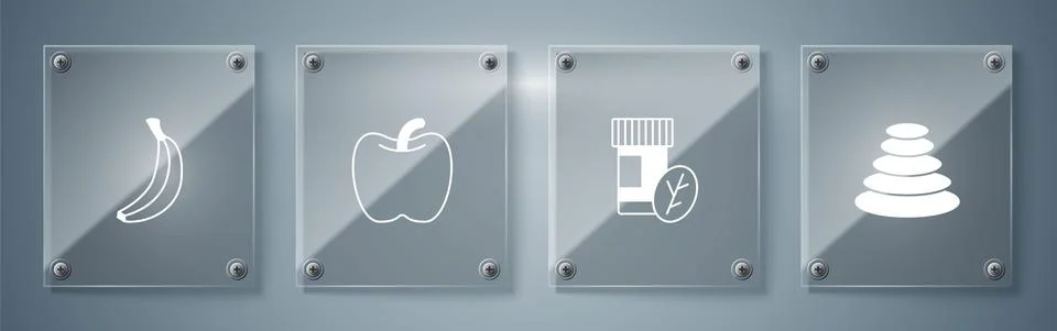 Set Stack hot stones, Vitamin pill, Apple and Banana. Square glass panels Illustrazione stock