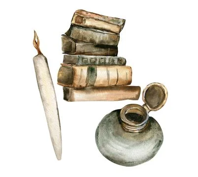Set of a stack of old books, a quill, a green jar of ink. Perfect for wedding Stock-Illustration