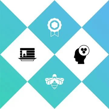 Set Stack of pancakes, Bee, Honey medal and Beekeeper icon. Vector Illustrazione stock
