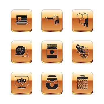 Set Stack of pancakes, Bee, Jar honey, Honeycomb, and dipper stick with icon Stockillustratie