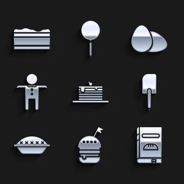 Set Stack of pancakes, Burger, Cookbook, Spatula, Homemade pie, Holiday Illustrazione stock