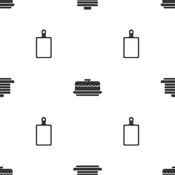 Set Stack of pancakes, Cake and Cutting board on seamless pattern. Vector Illustrazione stock