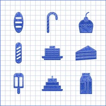 Set Stack of pancakes, Cake with burning candles, Paper package for milk, Ice Stock Illustration