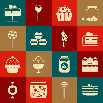 Set Stack of pancakes, Cake, Piece, Cupcake, Macaron cookie, Lollipop, plate and Stock Illustration