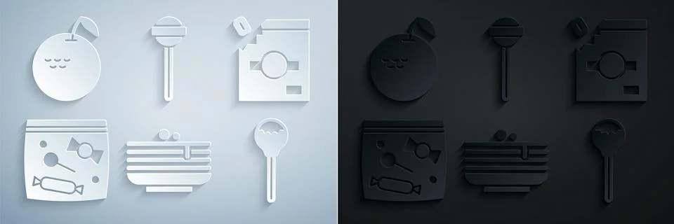 Set Stack of pancakes, Candy packaging for sweets, Lollipop,  and Apple icon. Stock Illustration