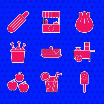 Set Stack of pancakes, Cocktail, Ice cream, Fast street food cart, Apple Stock Illustration