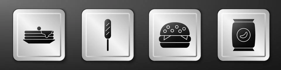 Set Stack of pancakes, Corn dog, Burger and Bag or packet potato chips icon Illustrazione stock