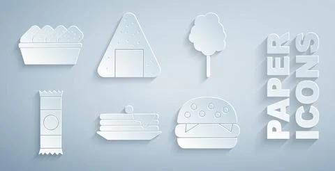 Set Stack of pancakes, Cotton candy, Chocolate bar, Burger, Onigiri and Chicken Illustrazione stock