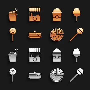 Set Stack of pancakes, Cotton candy, Lollipop, Pizza, Popcorn in box, Asian イラスト素材