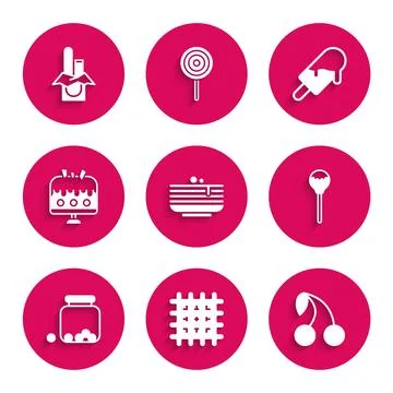 Set Stack of pancakes, Cracker biscuit, Cherry, Lollipop, Glass jar with candies イラスト素材