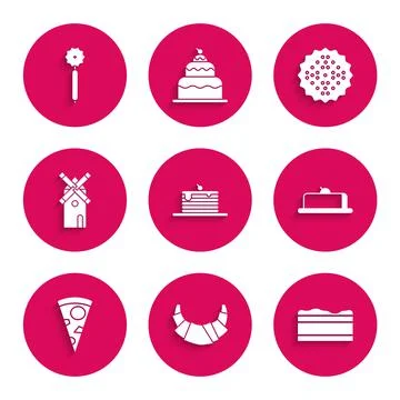 Set Stack of pancakes, Croissant, Brownie chocolate, Strawberry cheesecake slice Stock Illustration