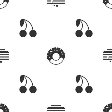 Set Stack of pancakes, Donut and Cherry on seamless pattern. Vector 스톡 일러스트