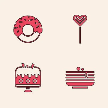Set Stack of pancakes, Donut, Lollipop and Cake plate icon. Vector Illustrazione stock