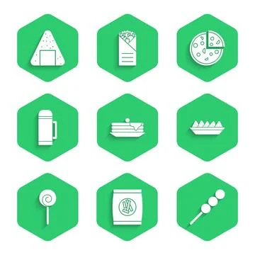 Set Stack of pancakes, Hard bread chucks crackers, Meatballs on wooden stic.. Stockillustratie