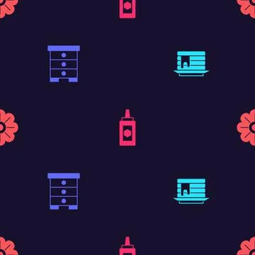 Set Stack of pancakes, Hive for bees, Jar honey and Flower on seamless pattern Stock Illustration
