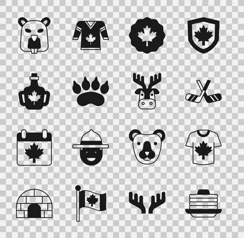 Set Stack of pancakes, Hockey jersey, Ice hockey sticks, Canadian maple leaf イラスト素材